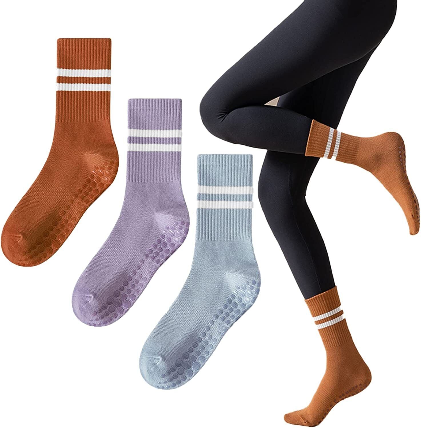 3 Pairs Non Slip Pilates Socks Yoga Socks with Grips for Pure Barre Ballet Dance