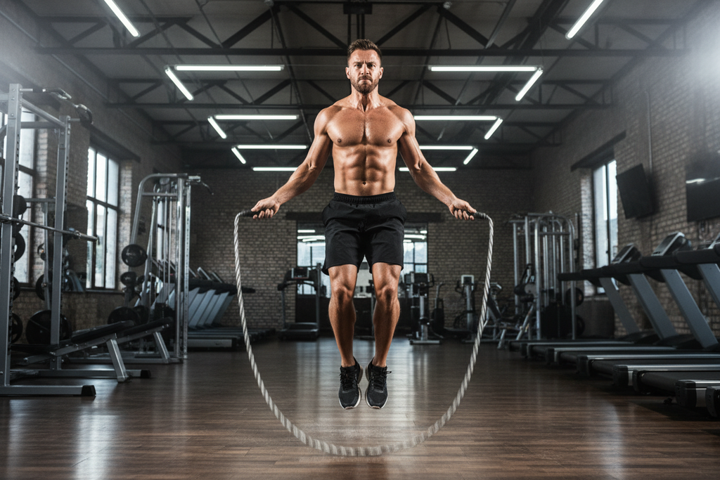 Athlete jumping with weighted rope