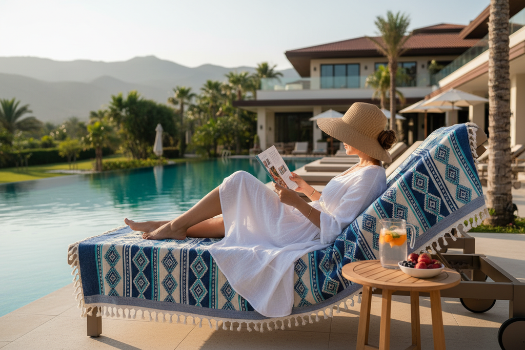 Person on Turkish towel by pool