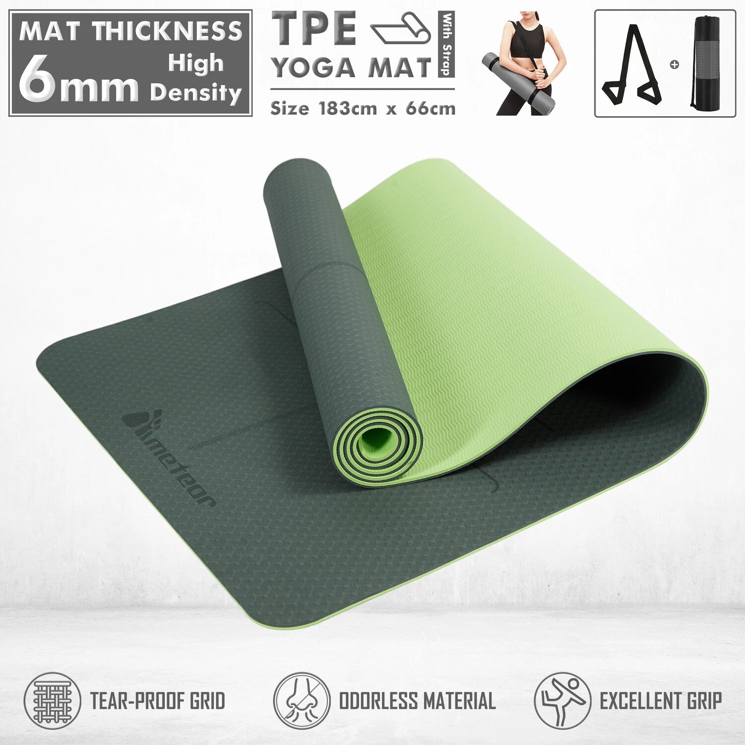 METEOR 183x65cm Non-slip Yoga Mat, 6mm Thick TPE Yoga Mat, Exercise Mat, Gym Mat