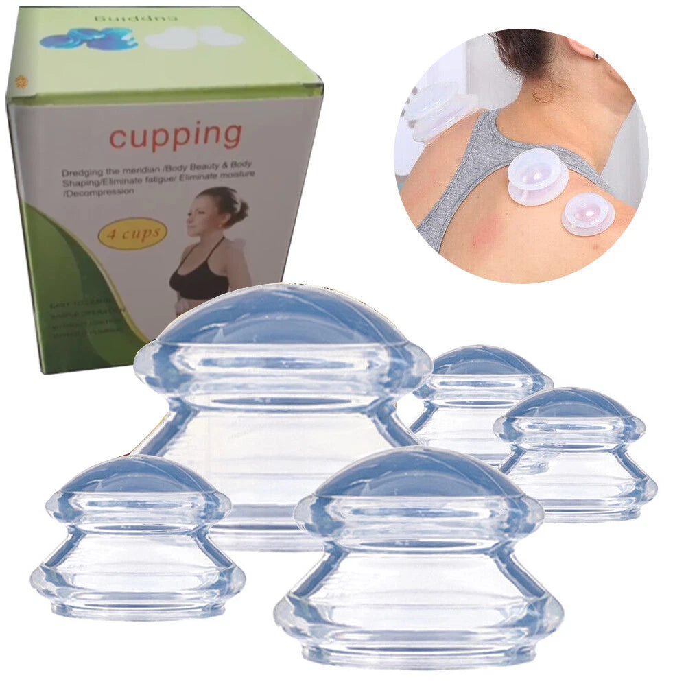 5 Cups Set Transparent Medical Silicone Vacuum Cupping Massage Jar Suction w/Box