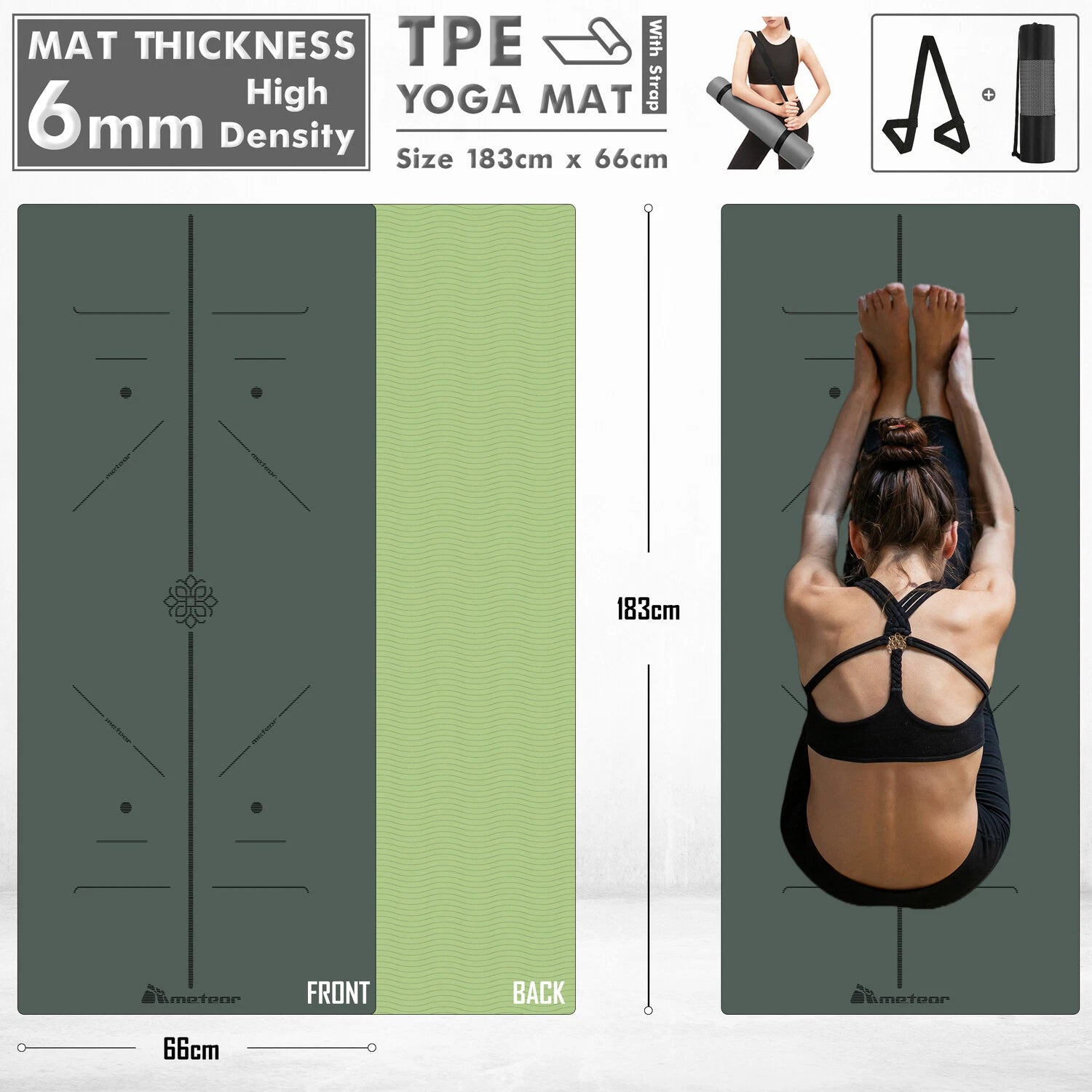 METEOR 183x65cm Non-slip Yoga Mat, 6mm Thick TPE Yoga Mat, Exercise Mat, Gym Mat