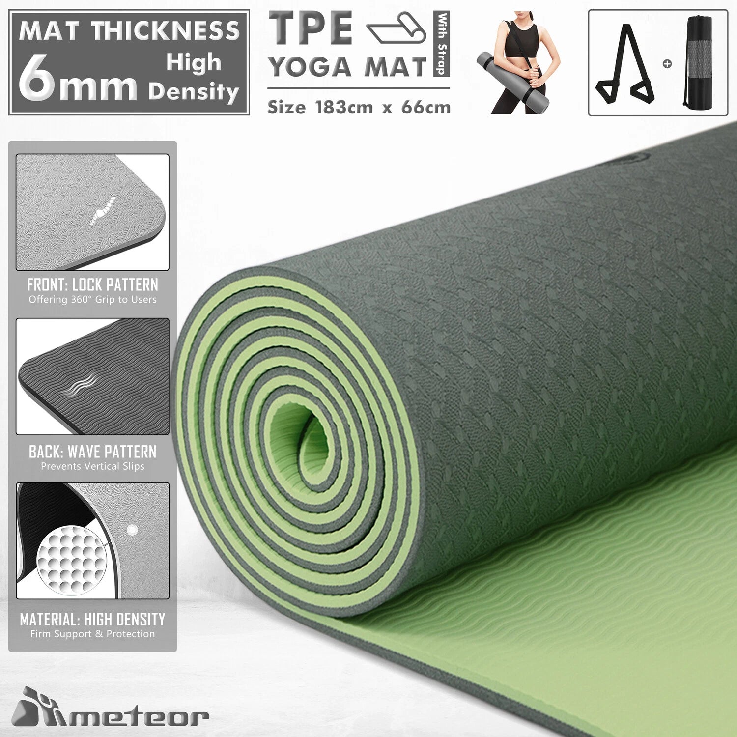 METEOR 183x65cm Non-slip Yoga Mat, 6mm Thick TPE Yoga Mat, Exercise Mat, Gym Mat